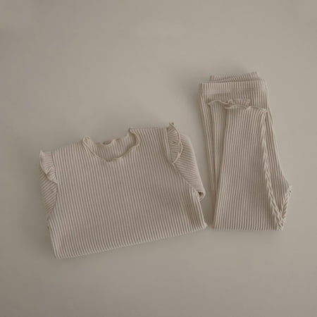 

DancePeanut Baby Girl Pajamas Set Autumn Solid Color Ribbed Cotton Ruffled Long Sleeves Infant Trousers Pajamas Casual Home Clothing Suit