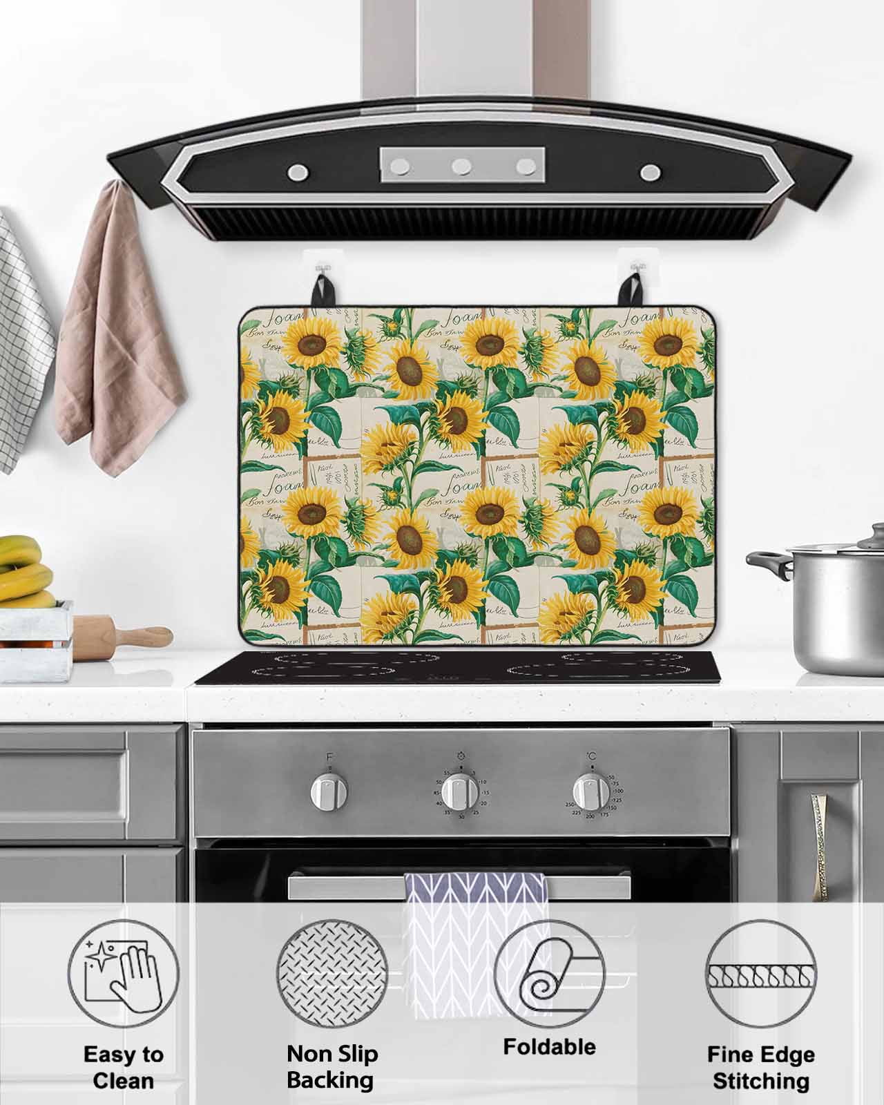 nqOlkjepod Large Induction Cooktop Protector Mat 24"x21", Spring Yellow Sunflowers Stove Top Covers for Electric Stove, Green Leaves Retro Floral Country Stove Burner Cover Mats Stove Cover