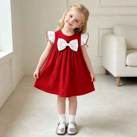 Girls Dress for Toddlers Fly Sleeve Knot Party Dress for Summer Occasions Daily Casual Wear Dance and Holiday Events Cute Style for Young Girls