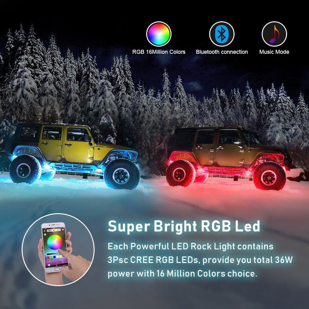 8 Pods RGB LED Rock Lights Wireless APP Control Music Mode Waterproof for Truck UTV ATV