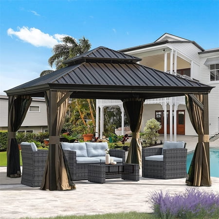 CoSoTower 12'X12' Hardtop Gazebo, Outdoor Aluminum Frame Canopy with Galvanized Steel Double Roof, Outdoor Permanent Metal Pavilion with Curtains and Netting for Patio, Backyard and Lawn(Brown)