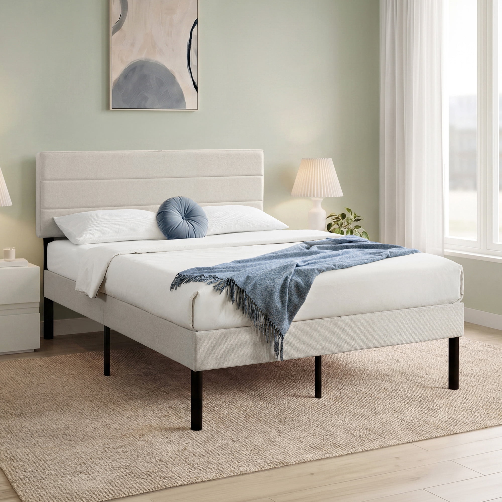 Mainstays Cream Platform Bed, King, Channel Stitching