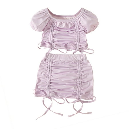

YWDJ 12Months-5Years Dress for Girl Fashion Cute Solid Color Pleated Drawstring Short Sleeve Top Skirt Suit Pink 3-4 Years
