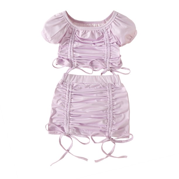 Vestido Para Niñas, Ropa Para Niñas Pequeñas, Moda Para Niños Pequeños, Lindo Color Sólido, Plisado, Cordón, Manga Corta, Top, Falda, Traje Rosa Odeerbi LM103-8908