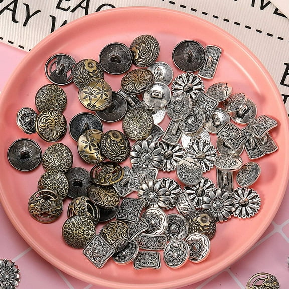 80pcs Metal Buttons Vintage Style Buttons Antique Silver and Bronze Color Flower Round Decorative Buttons for Jeans Crafts Sewing DIY Decorations
