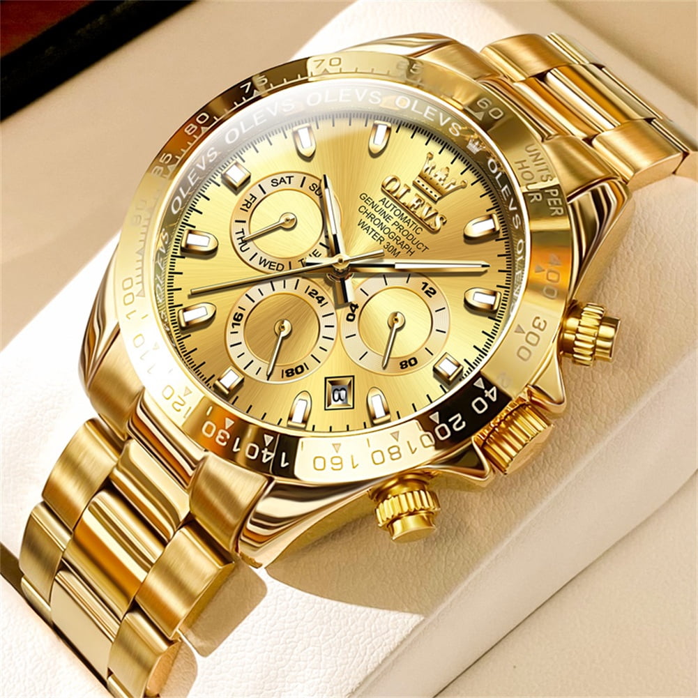 OLEVS Automatic Watches for Men Self Winding Chronograph Mechanical Luxury Dress Stainless Steel Calendar Date Waterproof Luminous Mens Wrist Watches Gift Reloj Para Hombre Gold/Black/Blue/Green Dial