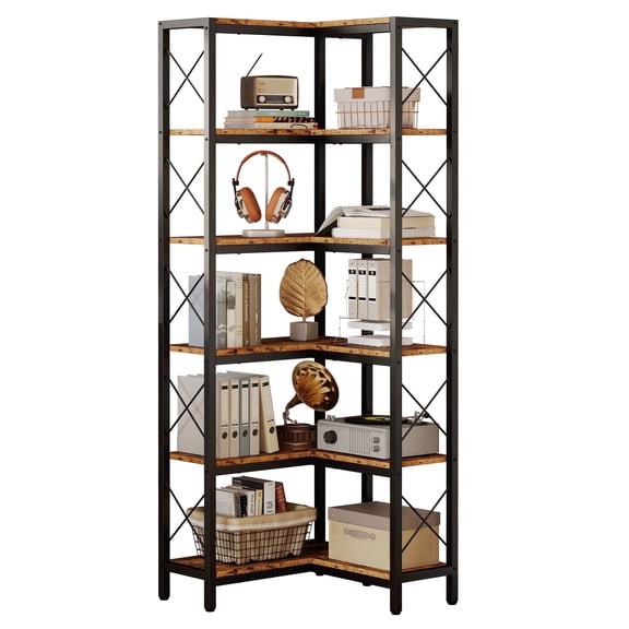 IRONCK 6-Tier Corner Shelf, Industrial L-shaped Display Bookshelf, Freestanding Bookcase for Living Room Home Office, Brown