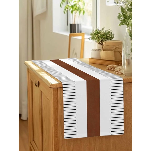 Minimalist Rustic Boho Ethnic Art Table Runner 13x90in Non-Slip Cotton Linen Table Runners, Modern Brown Stripe on White Dresser Scarves TableRunner for Dinner Kitchen Dining Wedding Party