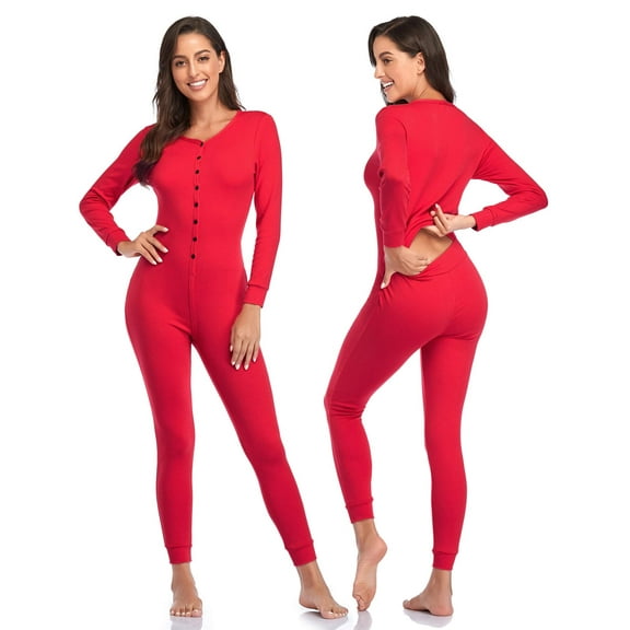 ANLIQI Women's Cotton Thermal Underwear Union Suits Long Henley Onesies Base Layer(Red,M)