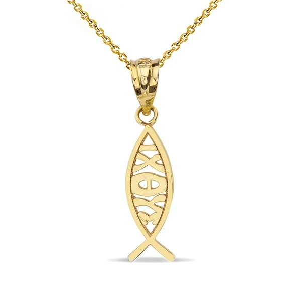 Solid Gold Ichthus (ichthys) Greek Jesus Fish Pendant Necklace (14K Yellow Gold, Pendant)