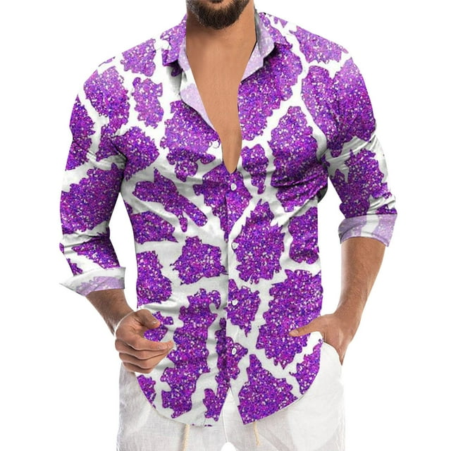 SHIXIAOO Chemise à Manches Longues Imprimée 3D Numérique à Paillettes pour Hommes, Col à Revers, Boutons, Ajustée, avec Poche, pour le Travail