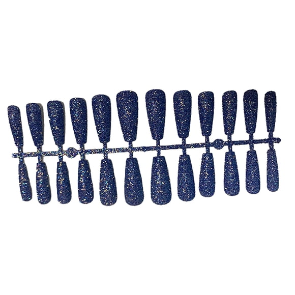 Minnieouse 24 piezas de uñas postizas en polvo brillante cubierta completa en forma de T estilo ataúd puntas de uñas brillantes decoración de Arte de uñas azul oscuro