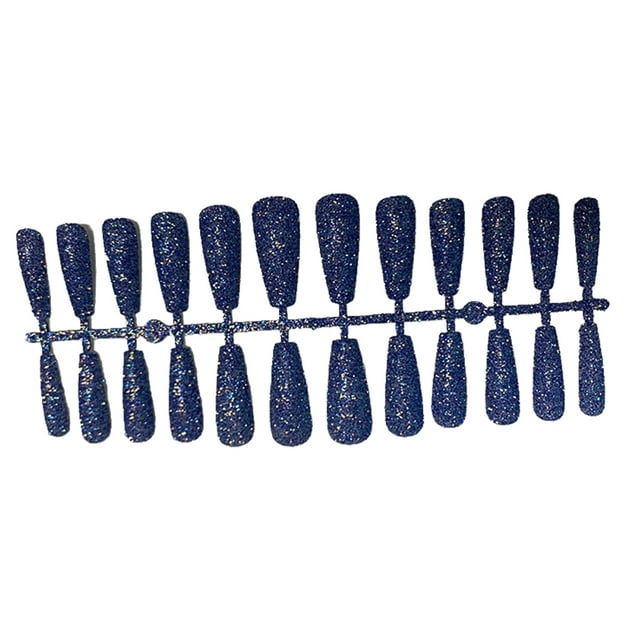 ZheElen 24 Pieces False Nails Glitter Shimmering Powder Full Cover Artificial Nail Tips Coffin Pattern Extra Long Manicure Decoration dark blue