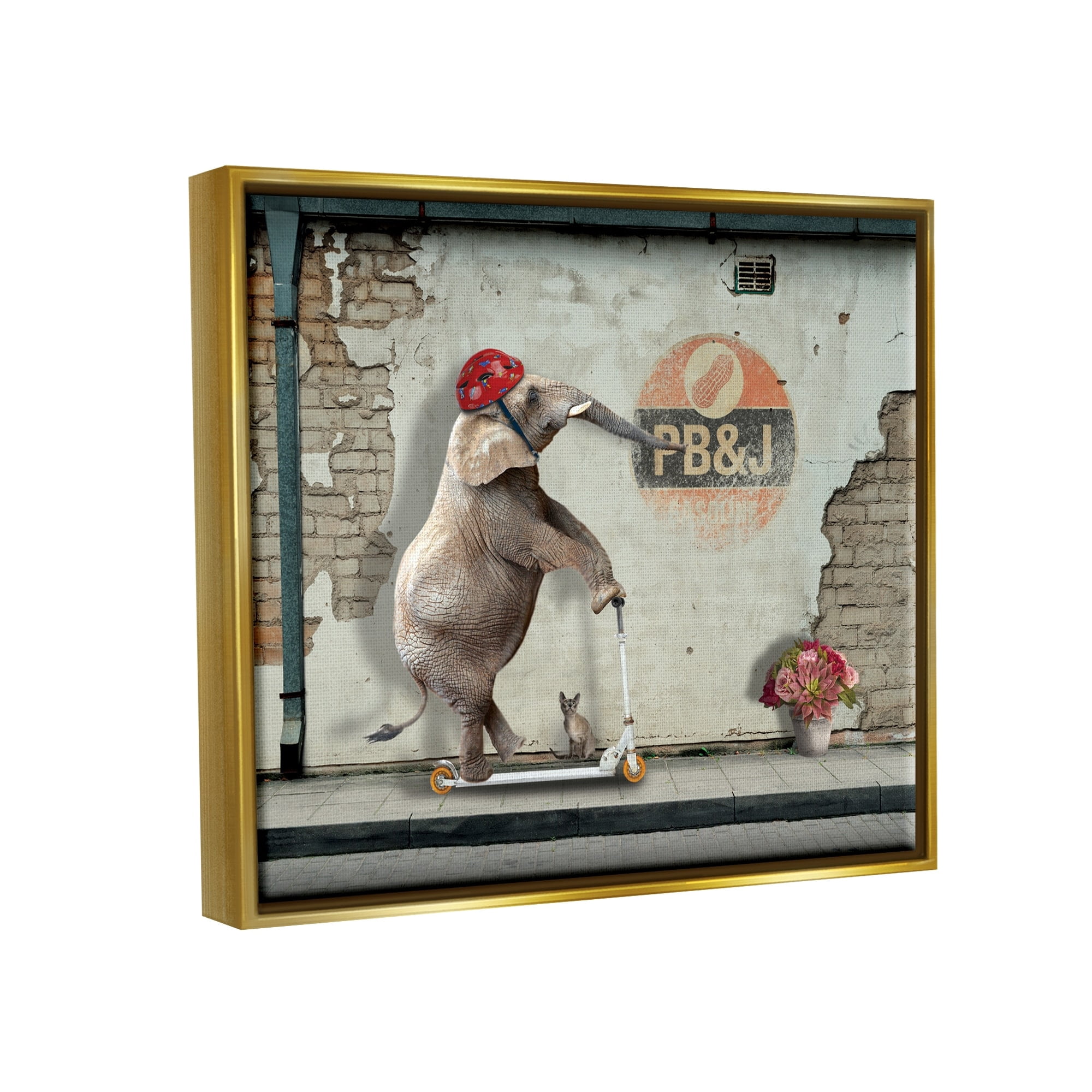 Stupell Industries Elephant Riding Scooter Old Brick City Streets Graphic Art Metallic Gold Floating Framed Canvas Print Wall Art, Design by Nobleworks