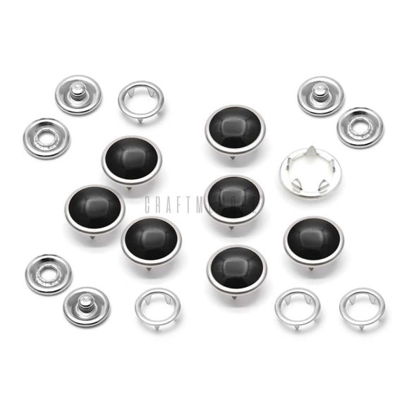 CRAFTMEMORE 20 Sets 12mm Pearl Snaps Fasteners Pearl-Like Prong Snap Button for Western Shirt Clothes Popper Studs - Silver Brass Rim Setting (12 mm, Black)