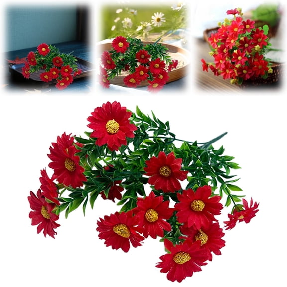 Artificial Red Daisies Flowers, Fake Silk Bouquet Bouquet, Red Daisy Flowers Bouquet Outdoor UV Resistant Decor, Artificial Red Daisies for Outdoor Decor, 13.4"