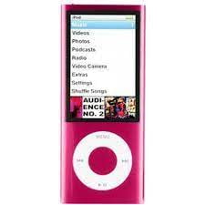 Used Apple iPod Nano 5th Generation 8GB in like-new condition, shown in a vibrant pink anodized aluminum finish. The device features a 2.2-inch color display with a menu showcasing options like Videos, Photos, Podcasts, and Radio. It includes a circular click wheel for navigation. This iPod comes with a brand-new battery, built-in video camera, FM radio with Live Pause, pedometer, and external speaker. Package includes a new Apple USB cable, new Apple earPods, and a clear protective case.