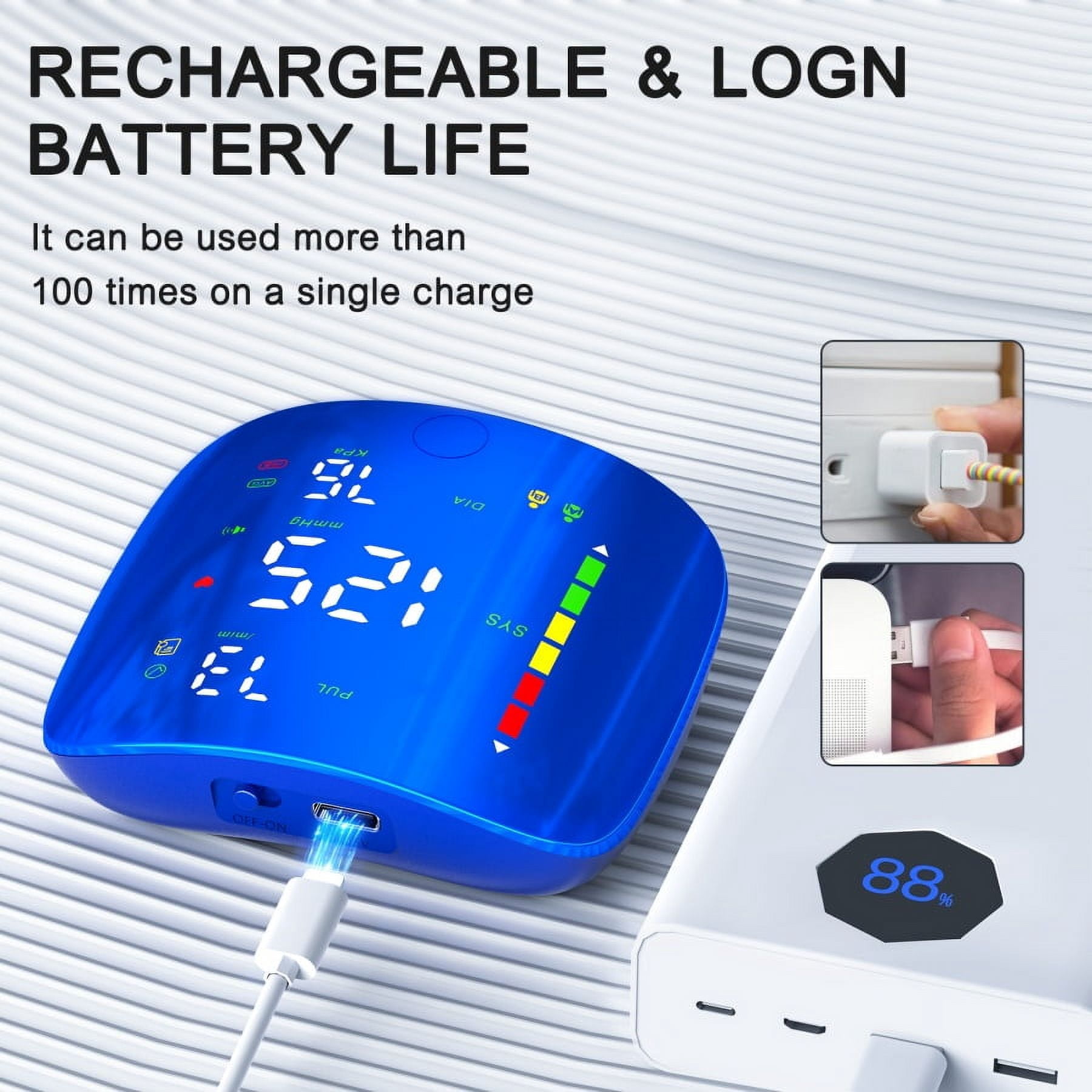 Ziqing Rechargeable Wrist Blood Pressure Monitor for Home Use, with Adjustable Blood Pressure Cuff and LED Backlit Display, Dual-User Memory Storage - Blue