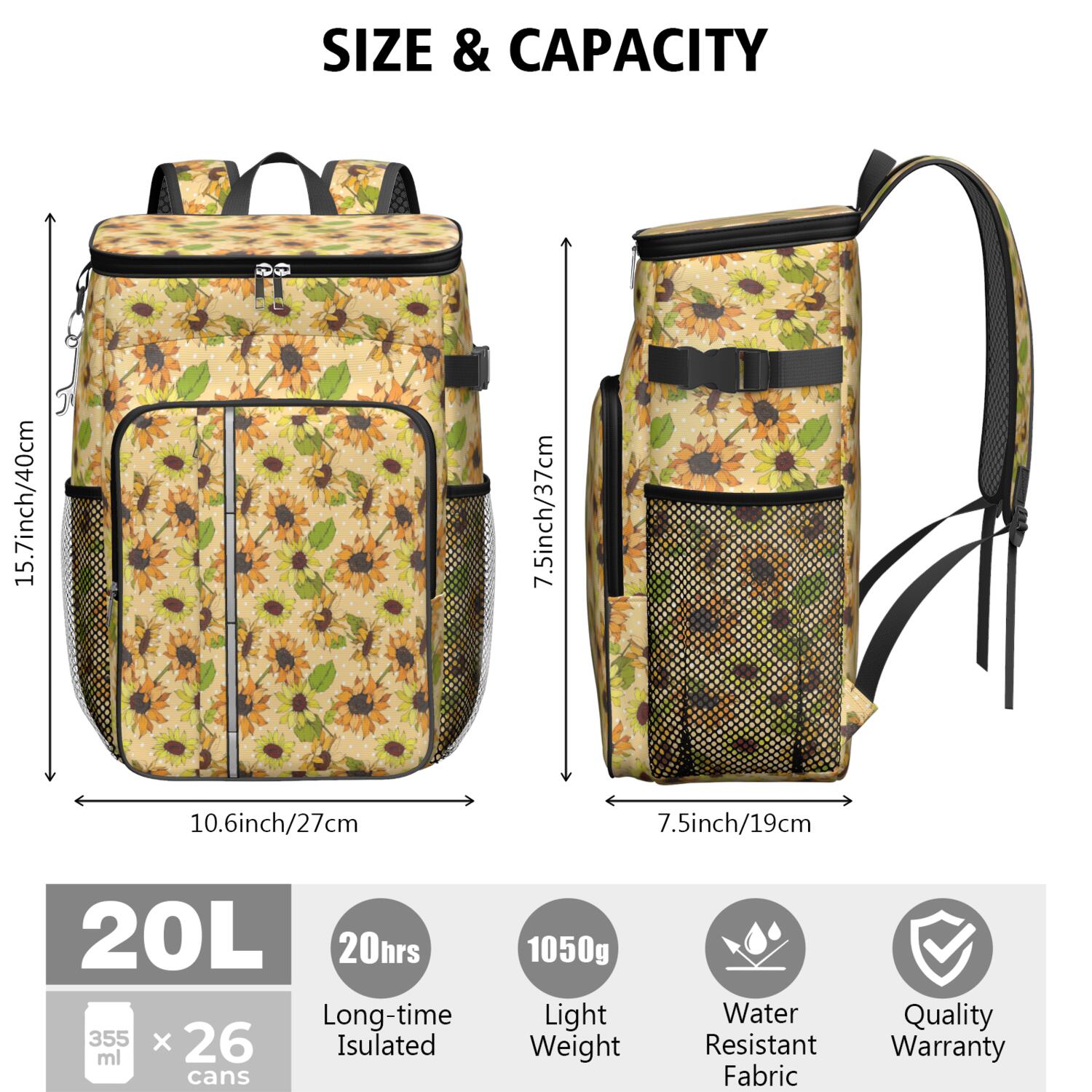 Travel Cooler Bag - Sunflower Camping Beer Cooler Backpack with Bottle Opener- Waterproof Insulated Picnic Backpacks - Cooler Bag for Beach