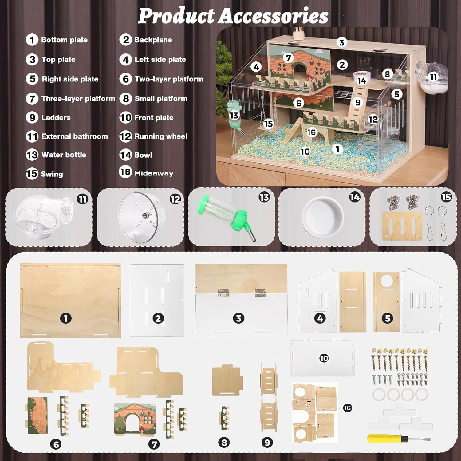 11 in 1 Wooden Hamster Cage with All Accessories, 15.8 Inch 3-Layer Dwarf Hamster Cage Acrylic,Small Animal Cages, Pastoral Style Mouse Cage for Pet Mice, Hedgehog, with Stairs, Fences and Swing