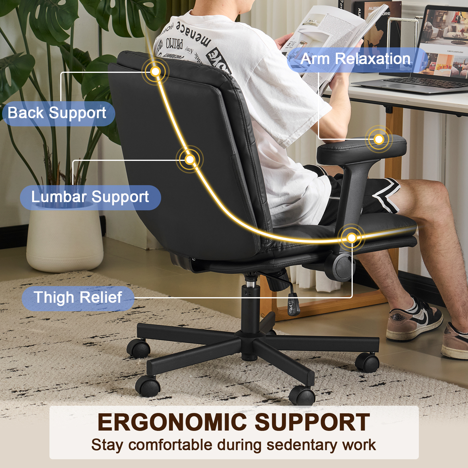 Falvinoryn 25.6" Wide Seat Office Chair, High Back Ergonomic Task Chair with Padded Adjustable Armrests and Double Cushion, Swivel Home Office Desk Chair for Office, Bedroom (Black)