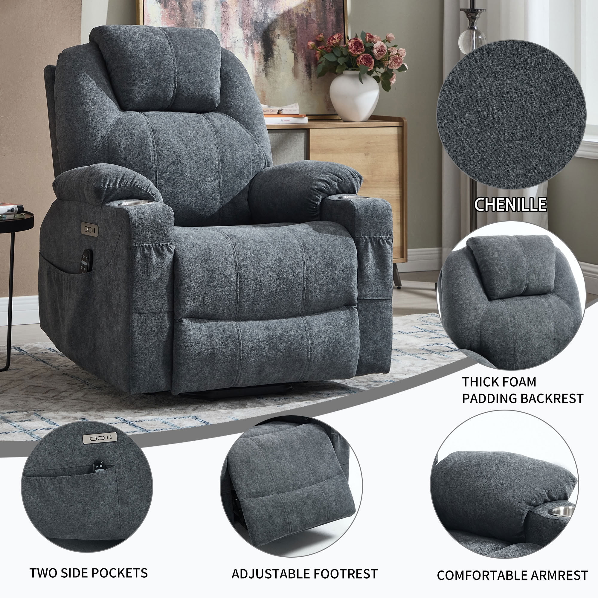 MAYEERTY Power Lift Recliner Chair for Elderly, Chenille Single Motor Electric Recliner with 8-Point Vibration Massage & Lumbar Heat, for Living Room Bedroom