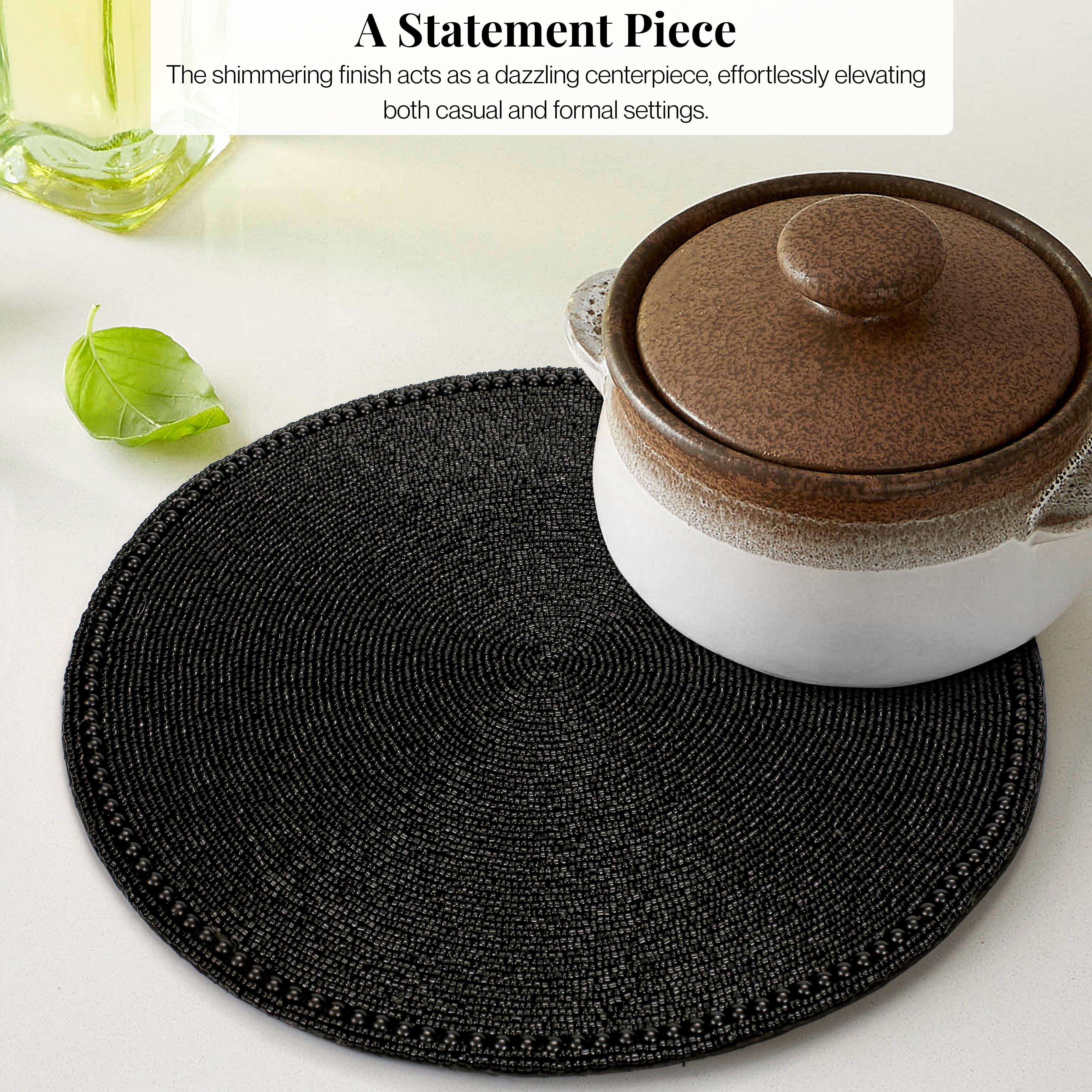 Pack of 1 Handcrafted Glass Beaded Placemats - Elegant Round Table Mats for Dining Décor (Jet Black)