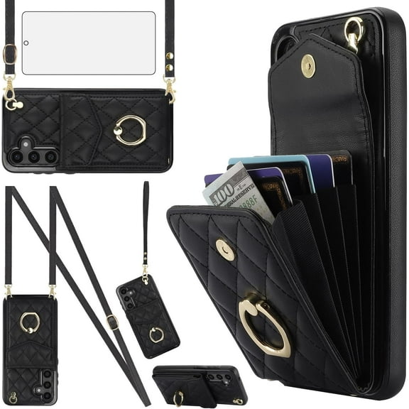XIHAMA Phone Case Compatible with Galaxy S23 FE 5G Wallet Cover with Tempered Glass Screen Protector and Crossbody Wrist Strap Ring Stand RFID Blocking Card Holder Cell S 23 EF S23FE Women Girls