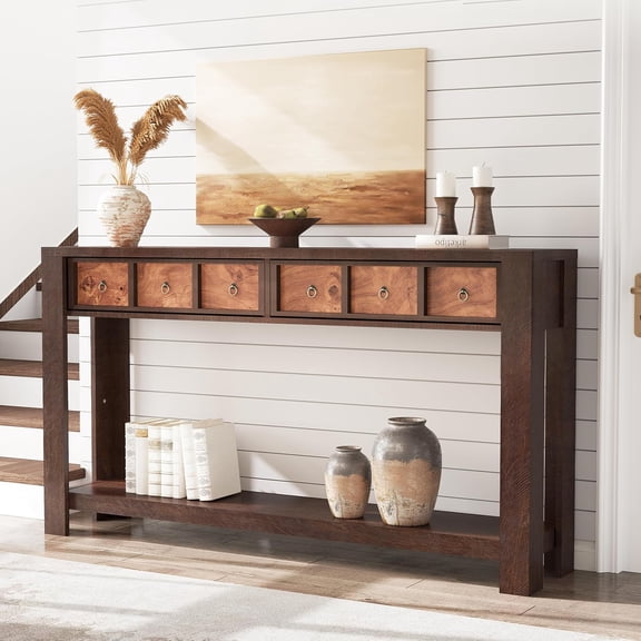 59" Farmhouse Wooden Console Table – Distressed Entryway Table with 2 Drawers and Open Shelf, Sturdy and Stylish Sofa Table for Living Room or Hallway