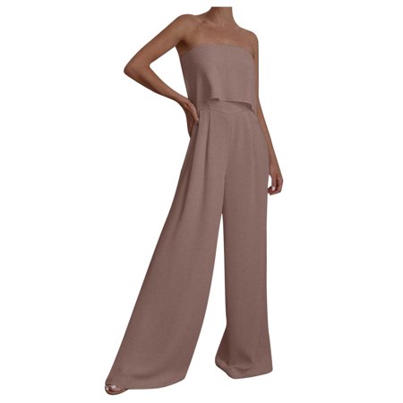 

Womens Rompers For Summer Solid Color Ruffle High Waist Bra Sleeveless Romper Beige XL