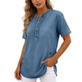 thumbnail image 6 of Women's Summer Denim Blouse V Neck Button Down 3/4 Sleeve Shirt Side Split Jean Blouse Casual Elegant Loose Tops Daily Vacation Party Tops for Ladies, 6 of 6