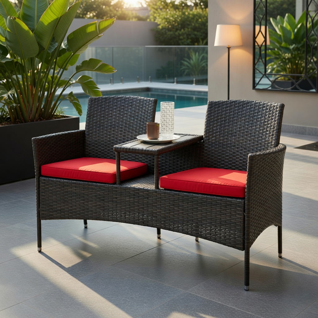 Hommoo Modern Outdoor Patio Conversation Set with Built-in Trapezoid Coffee Table & Removable Cushions, Brown Rattan, Red