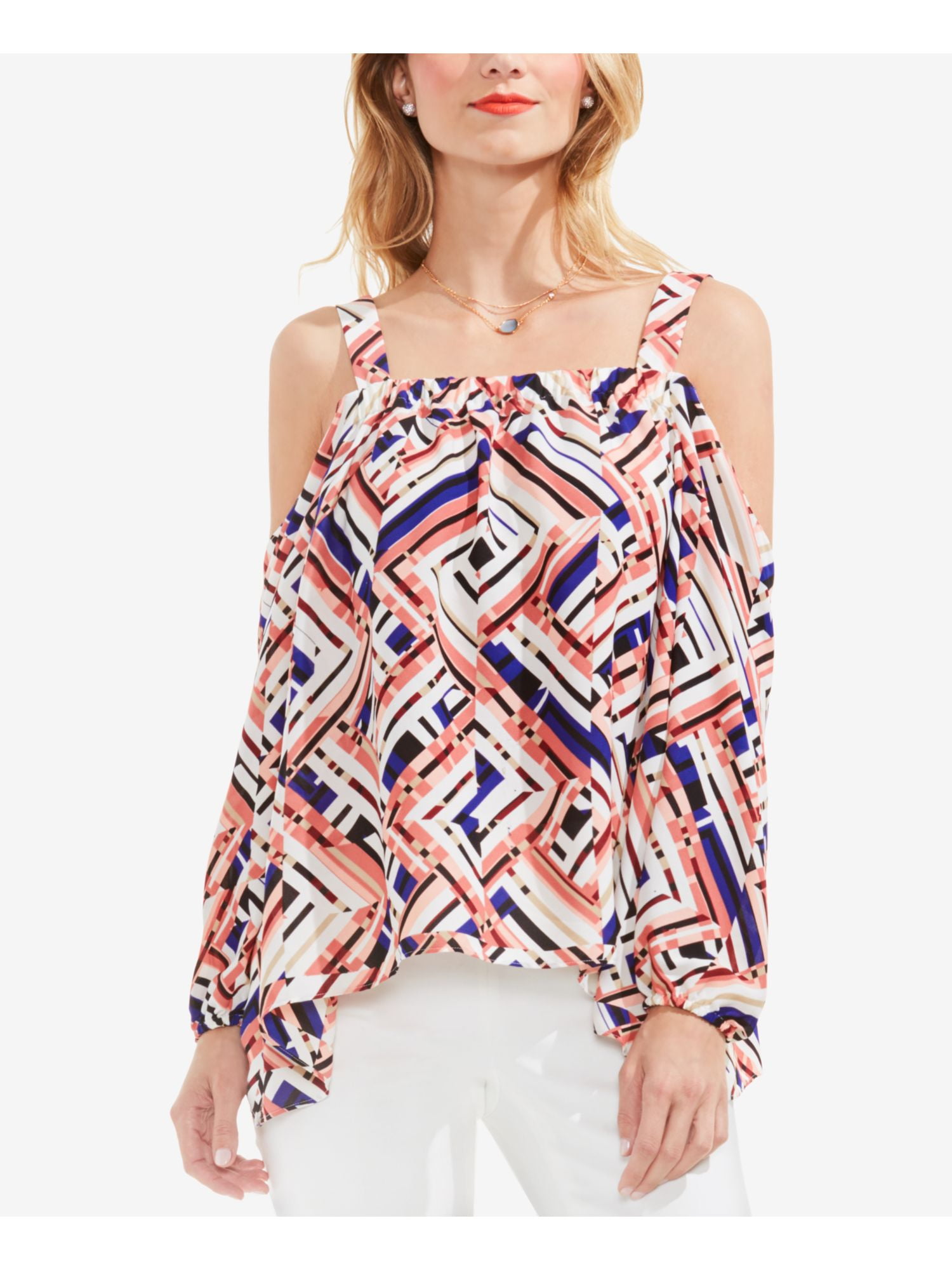 Vince Camuto - VINCE CAMUTO Womens Pink Cold Shoulder Geometric Long Sleeve Square Neck Top Size 