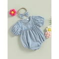 thumbnail image 4 of Musuos Baby Girl 2Pcs Summer Outfits, 3M 6M 12M 18M Short Puff Sleeve Plaid Print Romper with Bow Headband Set Cute Clothing, 4 of 10