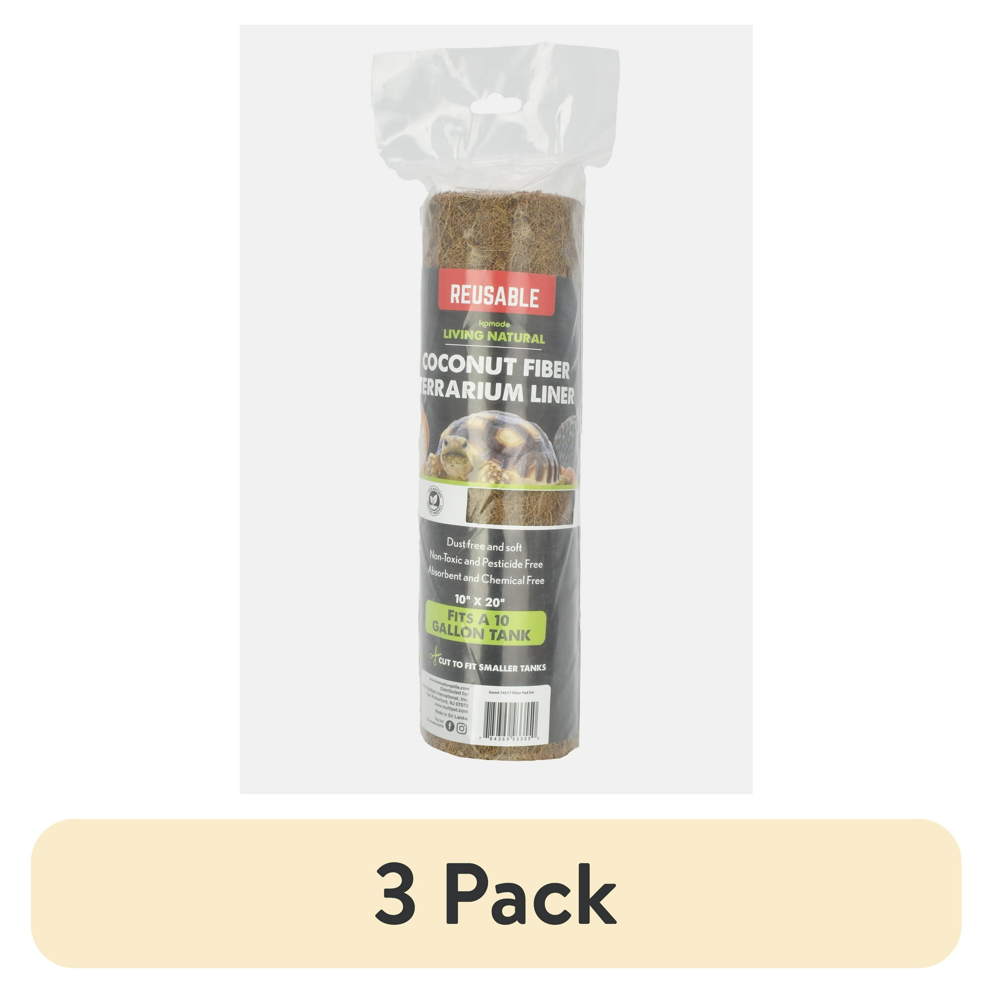 (3 pack) Komodo Coconut Fiber Terrarium Liner, Reusable Natural Reptile Substrate, 10 x 20 in