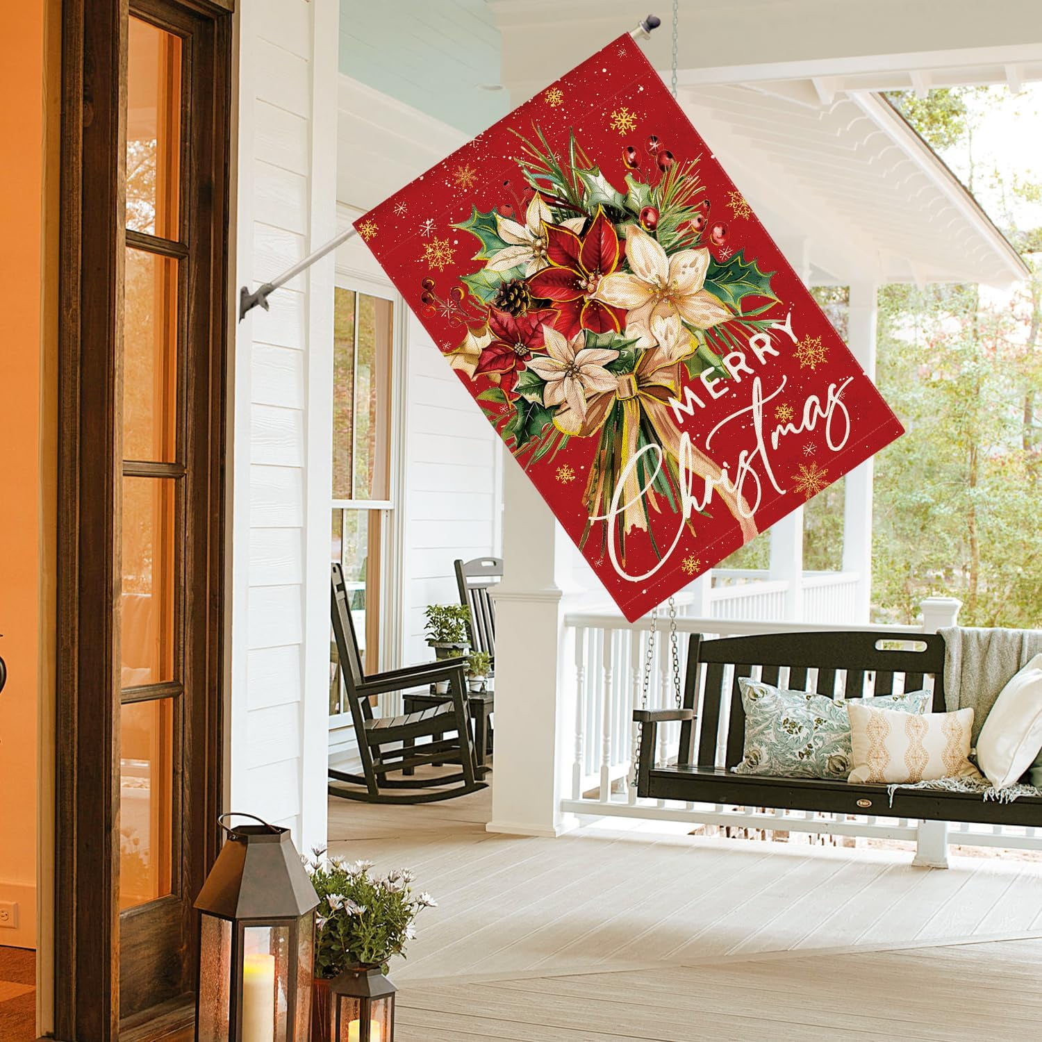 Lanola Floral Merry Christmas House Flag 28x40 Inch Double Sided Outside, Christmas Flowers Winter Holiday Yard Outdoor Decorative Flag