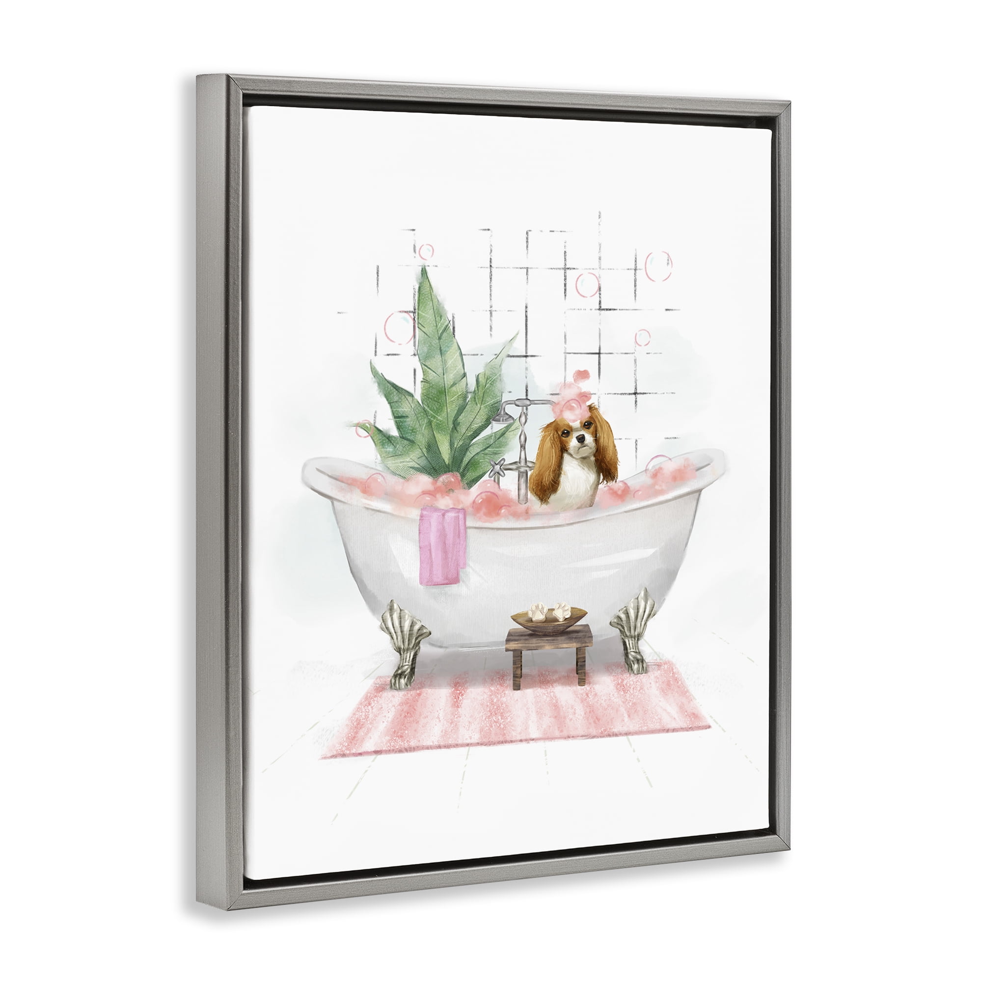 Stupell Industries Puppy in Bathtub Pastel Bath & Laundry Painting Gray Floater Framed Canvas Art Print Wall Art, 25 x 31