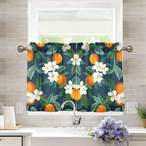 Yayeee Kitchen Curtains Tier Pair Light Filtering 27"x36" Rod Pocket Short Cafe Window Panel, Orange Fruit