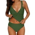 thumbnail image 3 of QIUOMBBP Womens Tummy Control Tankini Swimsuits V Neck Crisscross Back Tie Padded Tank Top with High Cut Bikini Bottom Beach Vacation Two Piece Bathing Suit Green M, 3 of 10