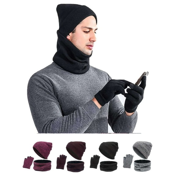 LAVA Winter Beanie Hat Scarf Gloves Set for Women Men Touch Screen Gloves Skull Cap Knit Neck Warmer Set (Black)