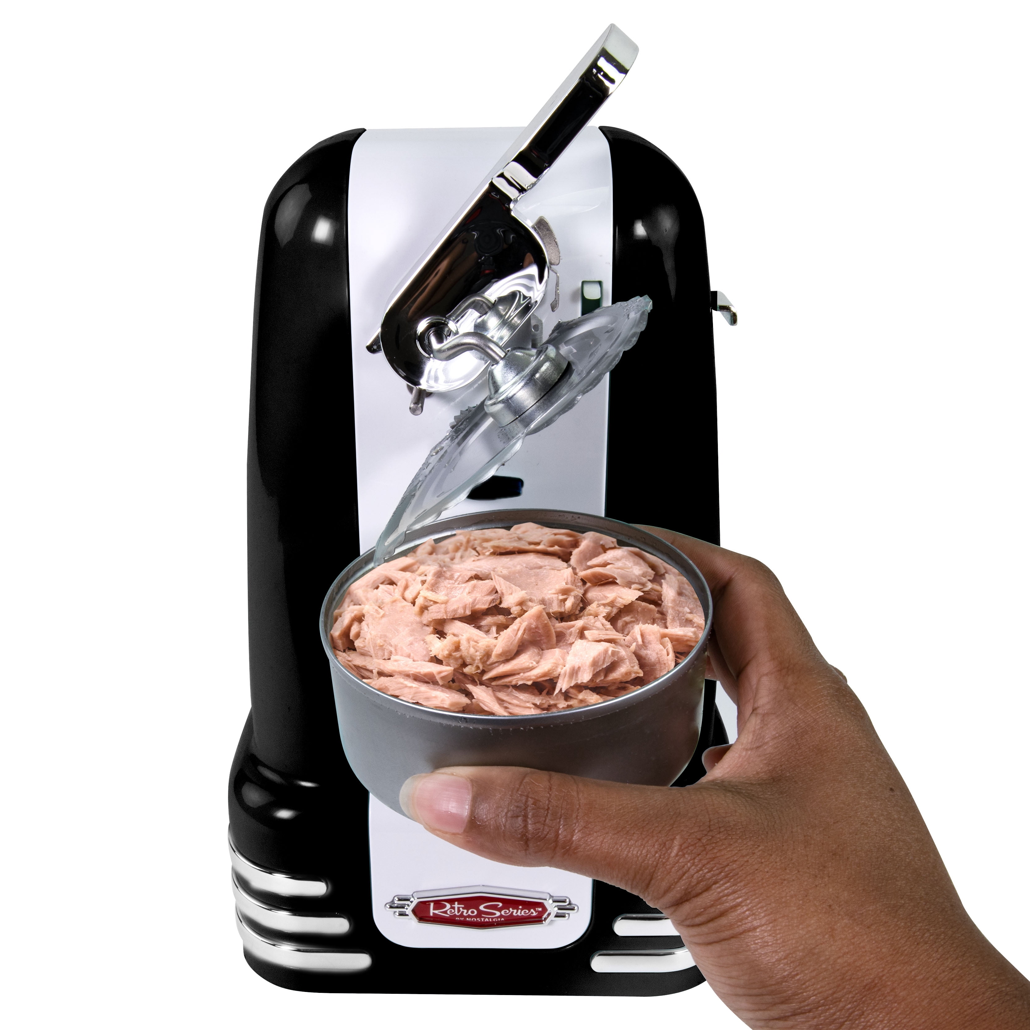 Nostalgia Retro Can Opener, Electric Can Opener with Built-in Knife Sharpener and Bottle Opener, Black