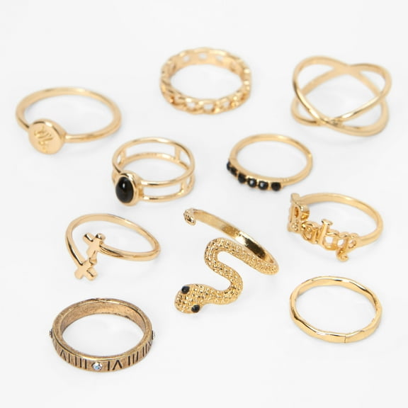 Claire's Gold Embellished Snake & Geometric Holiday Rings Set - 10 Pack Female, Teen