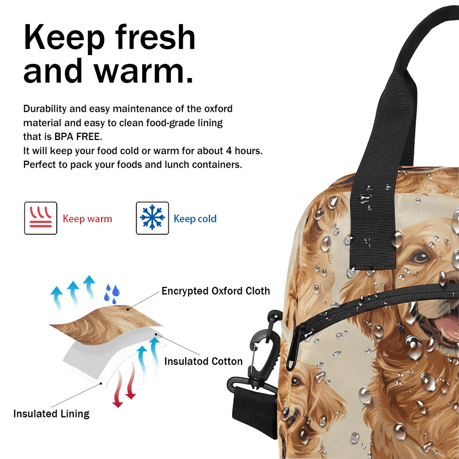 Herdesigns Cute Dog Print Lunch Bag for Women Men Adult, Funny Large Insulated Reusable Lunch Box Leakproof Portable Cooler Tote Bags for Work Picnic Beach