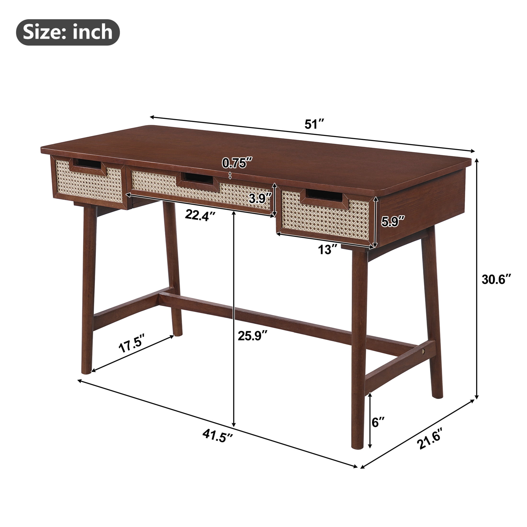 Christopher Knight Home 51" Writing Desk with 3 Rattan Drawers, Wood Vanity Workstation, Brown