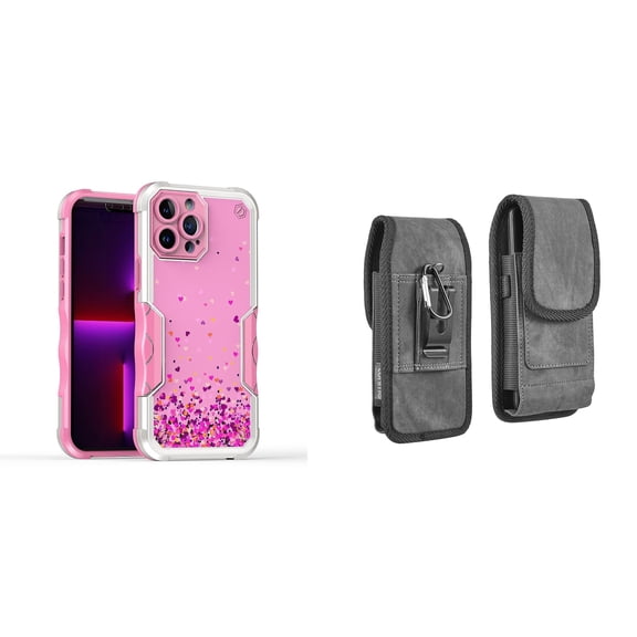 Case and Pouch Bundle for iPhone 14: Heavy Duty Armor Rugged Case (Pink Floating Hearts) and Vertical Rugged Denim Nylon Belt Holster
