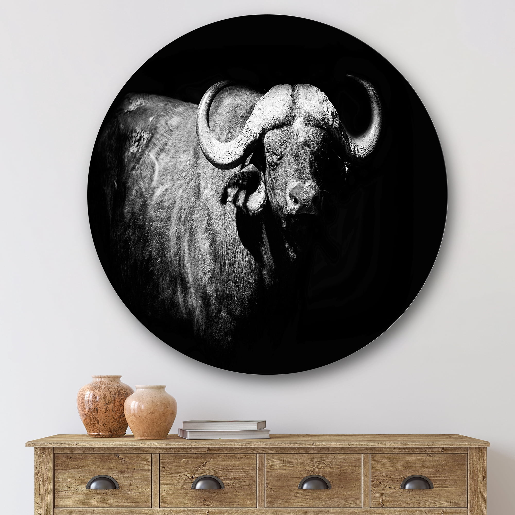 Designart 'Black and White Portrait Of Buffalo I' Farmhouse Circle Metal Wall Art 36x36 - Disc of 36
