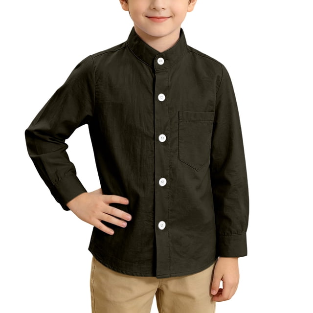 Odeerbi Camisa de Vestido de Niños Manga Larga Mandarin Collar Uniforme de La Escuela Con Bolsillo