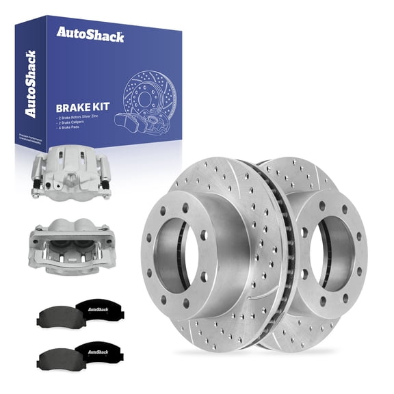 AutoShack Front Vented Drilled & Slotted Silver Zinc Coated Brake Rotors   Ceramic Pads   Calipers 8-PC Brake Kit Replacement for 2011-2012 Ford F-250 Super Duty SilverShield Pro 13.65" (346.8 mm)