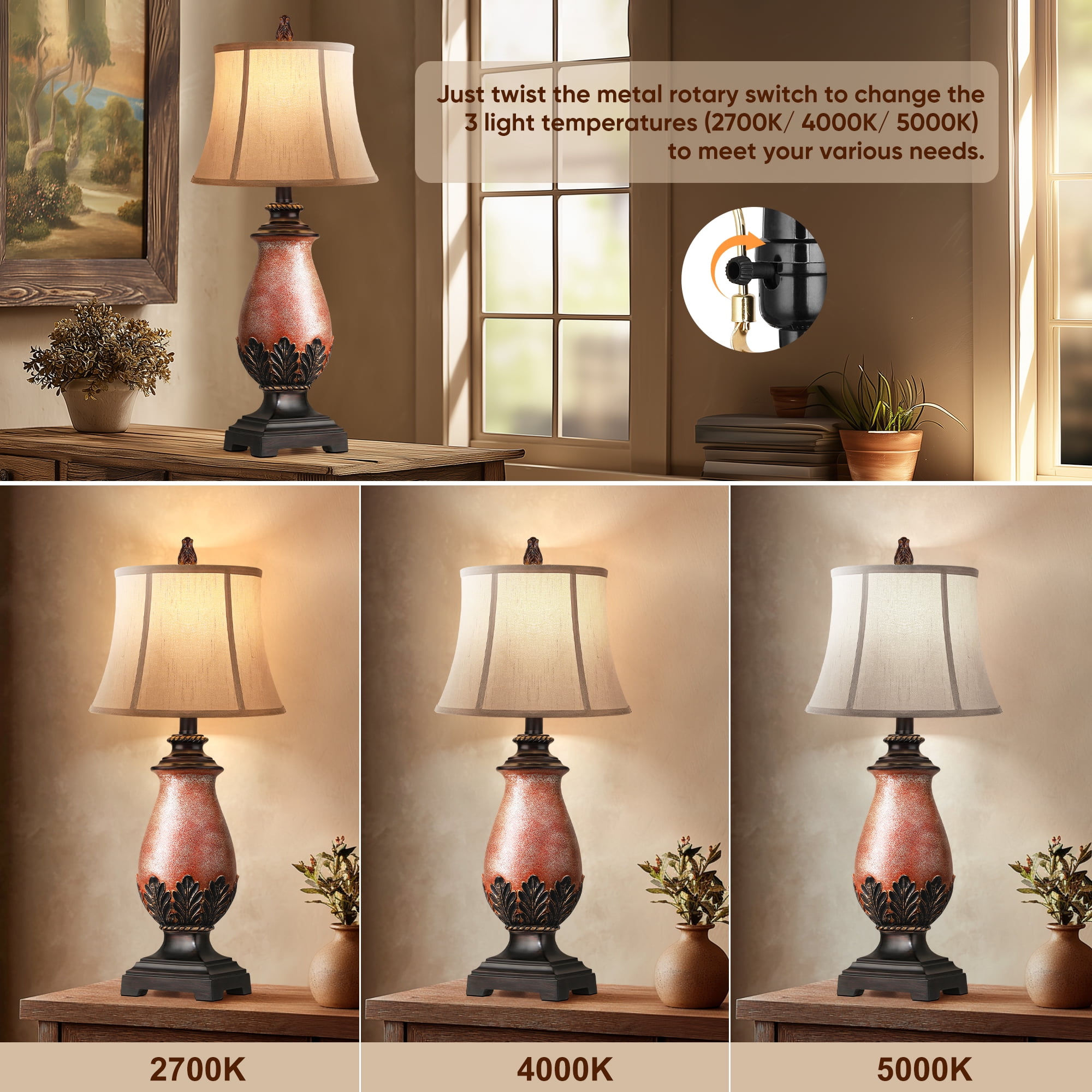Set of 2 Farmhouse Rustic Table Lamps, 3-Color Temperature Dimmable for Bedroom and Living Room Western Decor