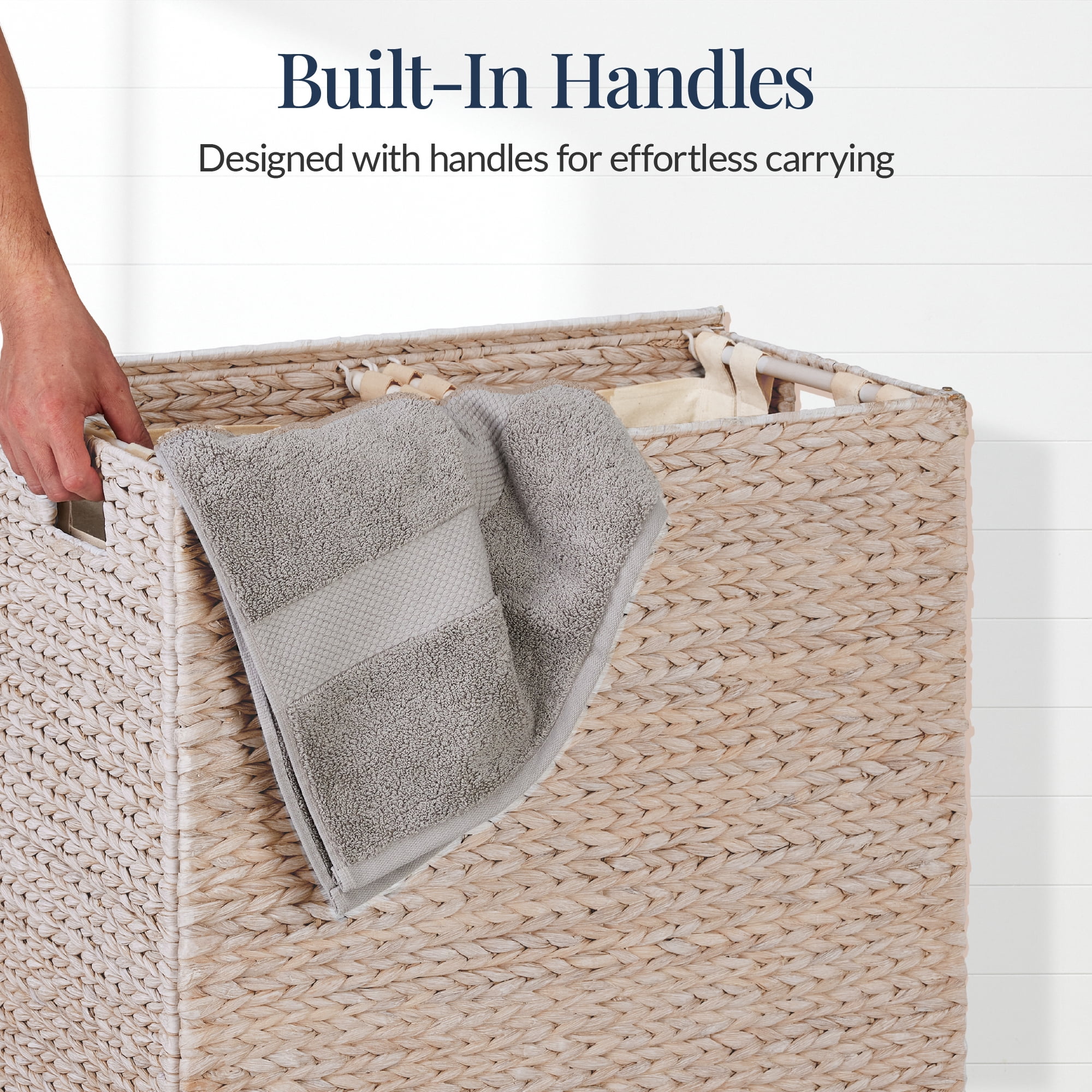 Best Choice Products Large Natural Water Hyacinth Double Laundry Hamper Basket w/ 2 Liner Bags, Handles - Whitewash